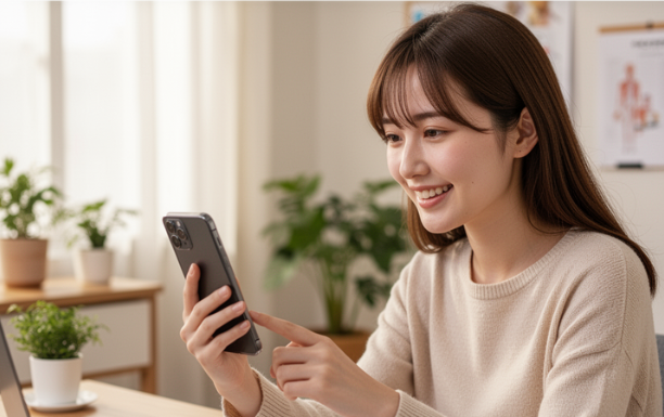 オンライン診療を利用する女性と医療イメージ